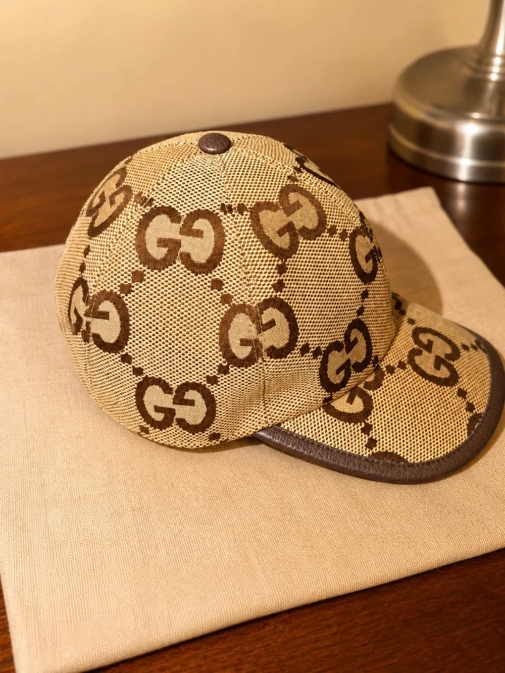 Gucci Jumbo GG Canvas Baseball Cap Hat Camel Ebony Leather Trim Authentic - Picture 2 of 4